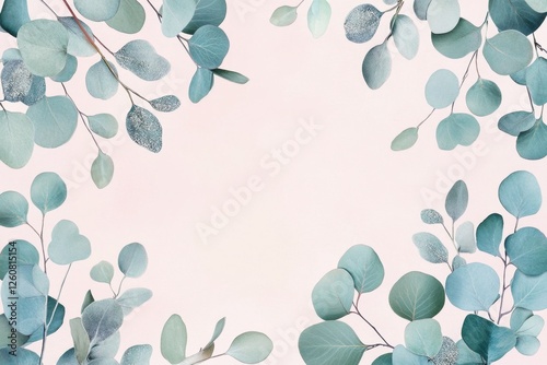 Fresh eucalyptus leaves create a serene border on a soft pastel background, inviting a sense of calm and nature's elegance