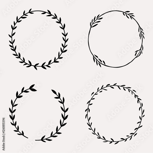 Set of black laurels frames branches. Vintage laurel wreaths collection. Hand drawn vector laurel leaves decorative elements. Leaves, swirls, ornate, award, icon. Vector illustration.