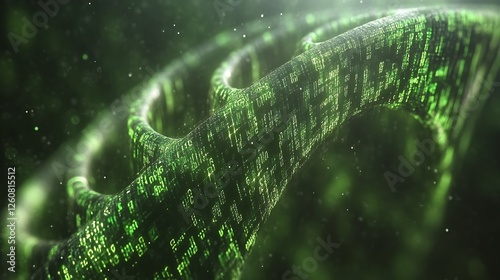 Digital DNA helix glowing green with code