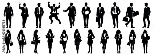 Business people vector silhouettes set. Business man and woman in formal classic clothes. Businessmen walking and holding documents and briefcases, view from different sides