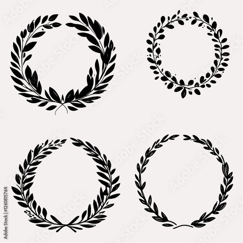Set of black laurels frames branches. Vintage laurel wreaths collection. Hand drawn vector laurel leaves decorative elements. Leaves, swirls, ornate, award, icon. Vector illustration.