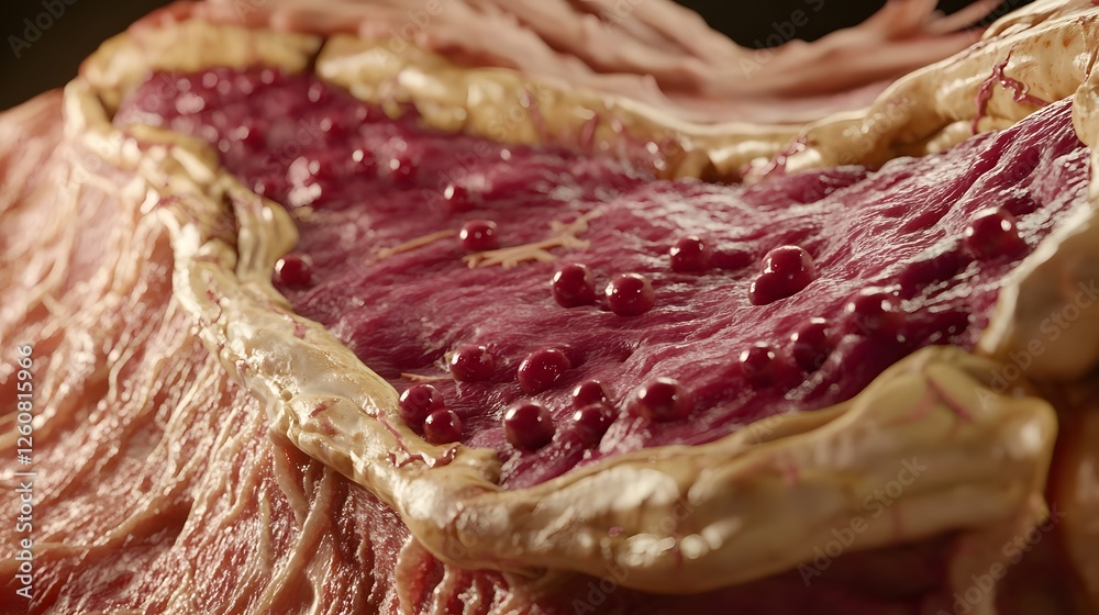 Obraz premium Closeup of a thick juicy slab of premium marbled beef steak cut and ready for culinary The raw red meat texture and fibers are visible along with the fine fat marbling throughout the protein cut