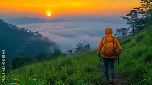 Adventurer walks mountain path at sunrise above clouds