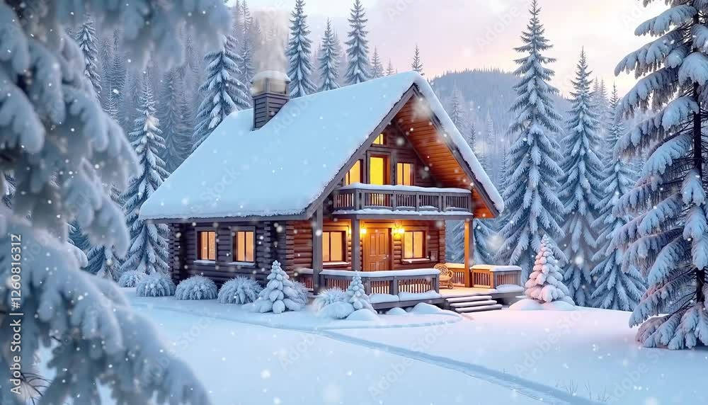 Cozy wooden cabin surrounded by snow-covered trees in winter landscape Cozy wooden cabin surrounded by snow-covered trees in winter landscape