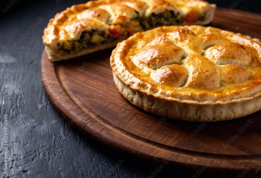 A savory pie made of balls of dough presented as a work of art, with each dough ball precisely arranged. Two cut balls reveal their fillings, while the light dish contrasts sharply with the dark, dram A savory pie made of balls of dough presented as a work of art, with each dough ball precisely arranged. Two cut balls reveal their fillings, while the light dish contrasts sharply with the dark, dram
