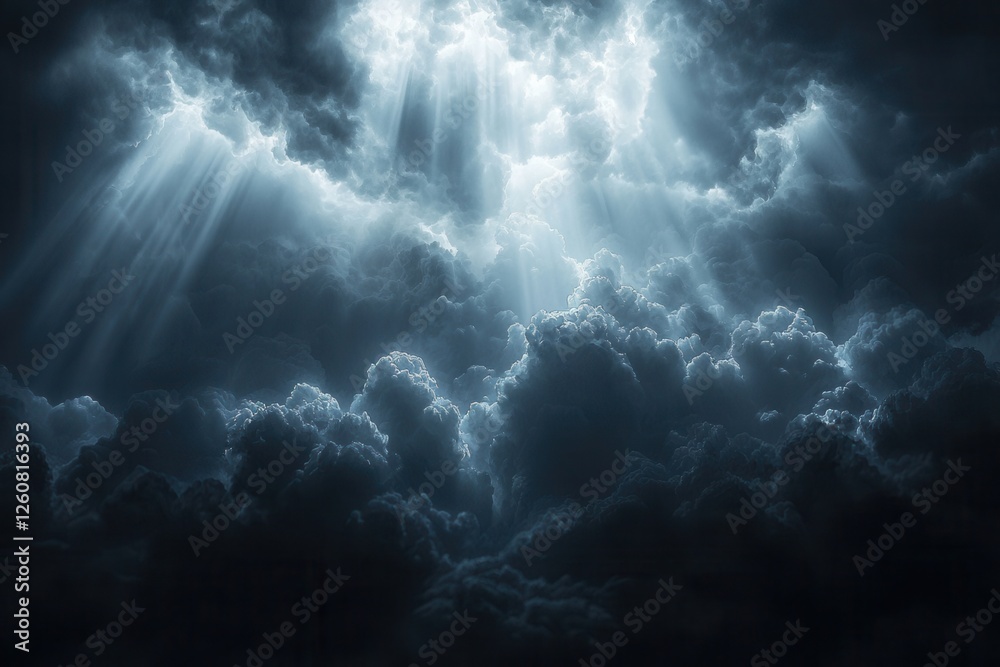 God hope symbolic abstract concept. A dramatic sky of dark clouds with rays of light piercing through, creating a mystical and moody atmosphere.