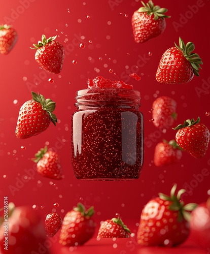 A jar of strawberry jam is suspended in the air, surrounded by flying strawberries on a red background, with a minimalist style and realistic photography. The composition uses a diagonal layout to hig photo