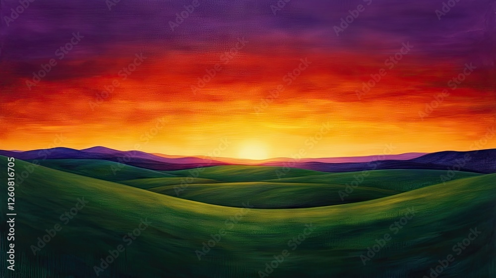 Obraz premium The sun dips below the horizon, casting long shadows across an endless green field, as the sky transitions from fiery orange to deep violet.