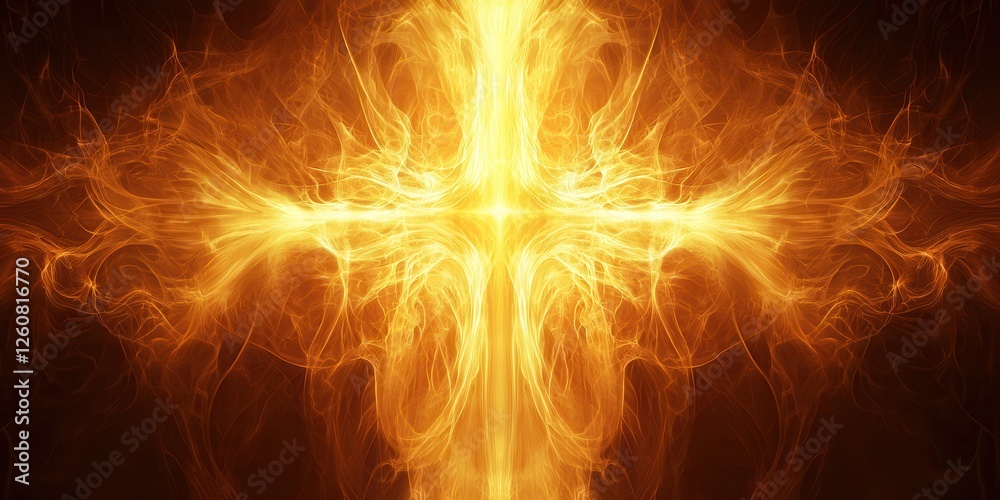 Fototapeta premium God hope symbolic abstract concept. A radiant, fiery cross emanating light and energy, symbolizing spirituality and faith against a dark background.