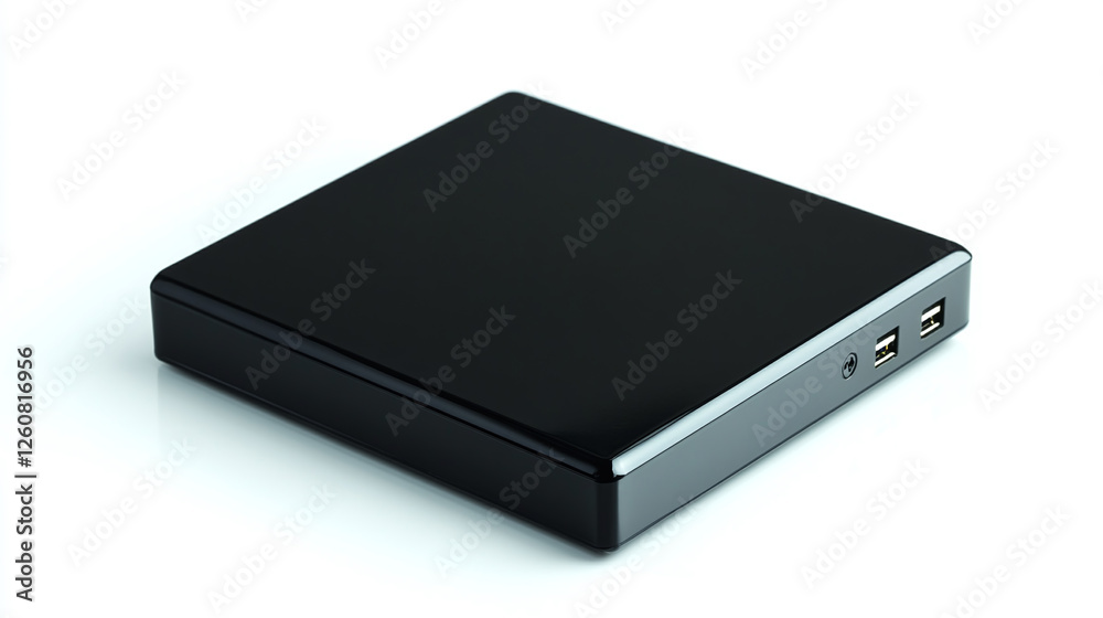 Compact external black hard drive isolated on white background.