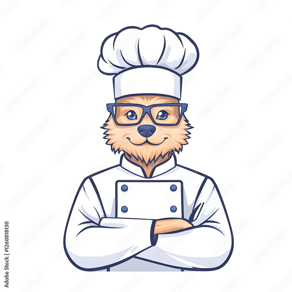 Cute Cartoon Dog Chef in White Uniform with Chef Hat and Glasses Cute Cartoon Dog Chef in White Uniform with Chef Hat and Glasses