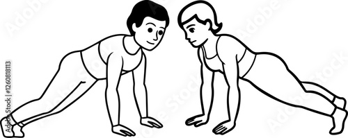 Men and women push up pose outline vector illustration