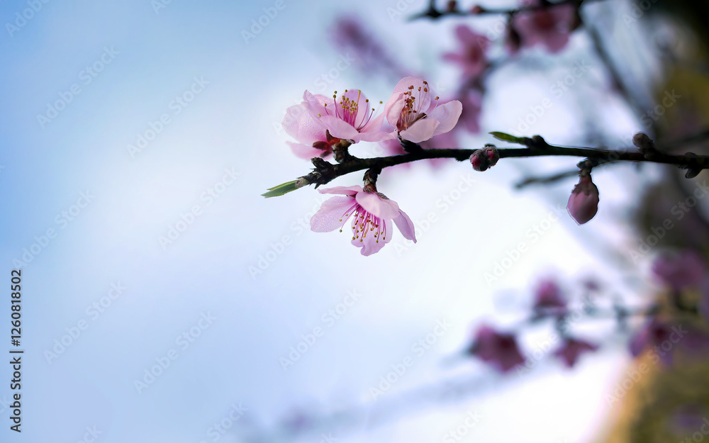 Wild Himalayan cherry blossom flowers on the tree, Giant tiger flowers, Pink Sakura, Prunus cerasoides, against blue sky background Wild Himalayan cherry blossom flowers on the tree, Giant tiger flowers, Pink Sakura, Prunus cerasoides, against blue sky background