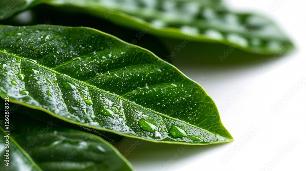 Fototapeta premium Vibrant Green Leaf with Distinct Veins and Water Droplets on White Background