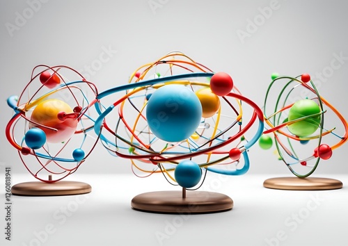 Scientific atom models with colorful electron orbits for physics and chemistry on white light background