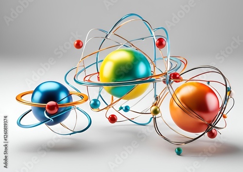 Scientific atom models with colorful electron orbits for physics and chemistry on white light background