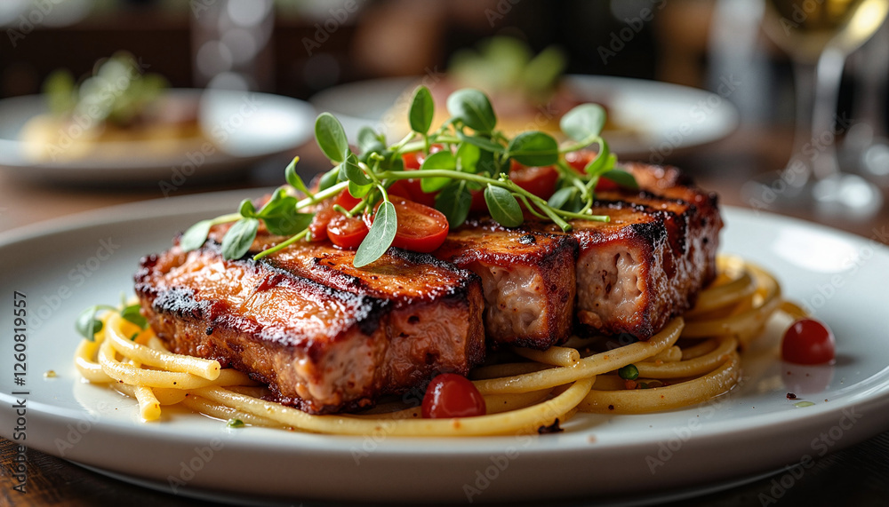 Gourmet grilled meat dish with pasta and garnishes, culinary excellence Gourmet grilled meat dish with pasta and garnishes, culinary excellence