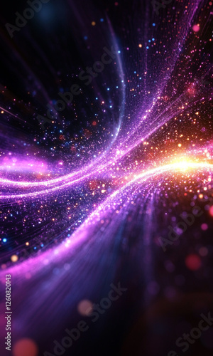 Abstract futuristic background with colorful light beams and glowing particles on dark purple background.
