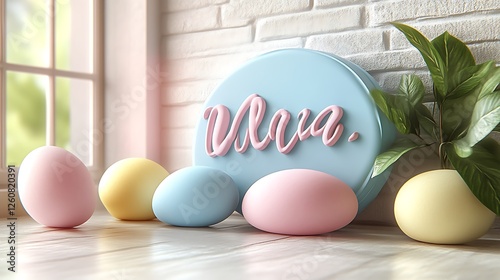 Pastel Easter Eggs and Spring Floral Display