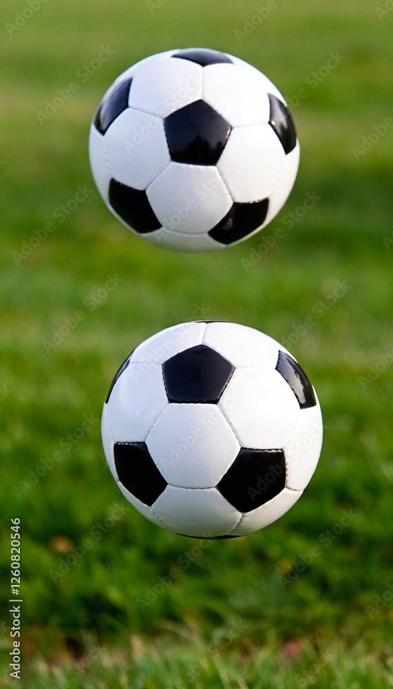 Fototapeta premium A macro shot of blades of grass flying up as a soccer ball is kicked into the air.