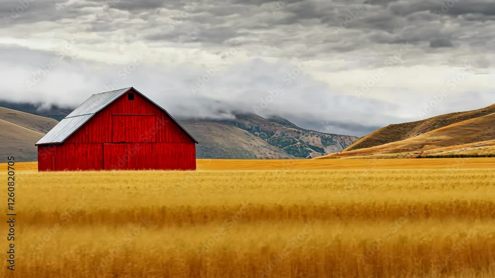 Red barn in golden wheat field dramatic mountain landscape Red barn in golden wheat field dramatic mountain landscape