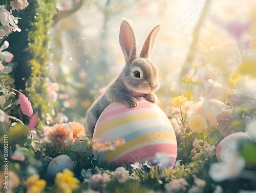 Cute Easter bunny with painted Easter egg on flowery spring meadow photo