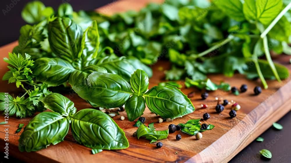 Fresh herbs and spices arranged on wooden surface