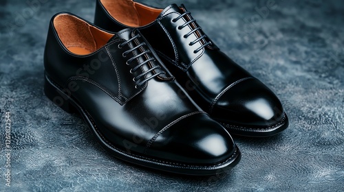 Elegant black leather dress shoes on a surface.