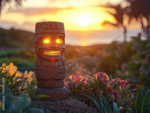 Tiki Statue Among Flowers photo