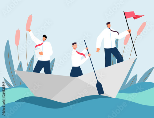 people sea boat men oars ocean business vision leadership partnership partners colleagues vector illustration background clipart