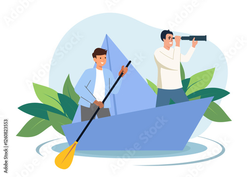 people sea boat men oars ocean business vision leadership partnership partners colleagues vector illustration background clipart
