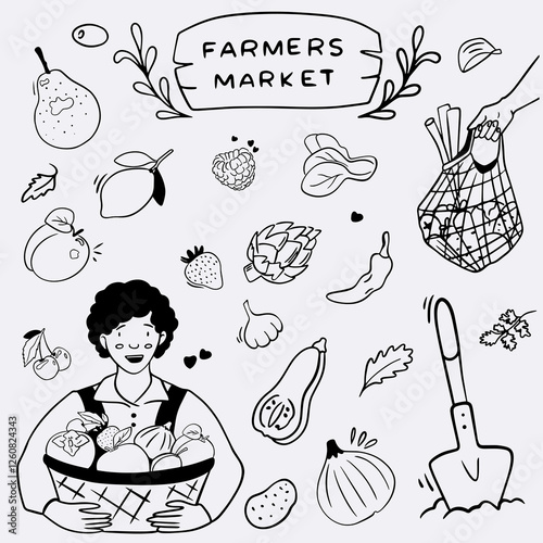 Farmer's Market: farmer, fruits and vegetables set, shopping bag with groceries, watermelon, plum, pear, berries, carrot, pepper, pumpkin, beetroot, garlic, tomato, garlic, greens, peas. Logo or print