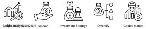 Capital Growth Icon Set Isolated Vector With Icon Of Budget Analysis, Income, Investment Strategy, Diversify, Capital Market