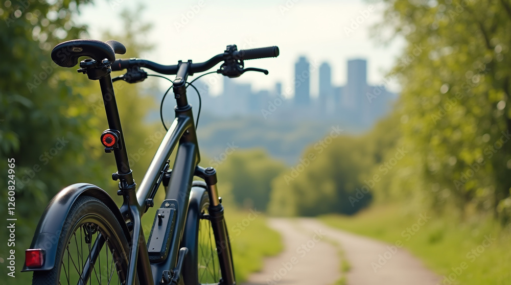 Bicycle Bike Green Eco-friendly Sustainable Personal Transport or Transportation, parked on a scenic nature trail, with city skyline Bicycle Bike Green Eco-friendly Sustainable Personal Transport or Transportation, parked on a scenic nature trail, with city skyline