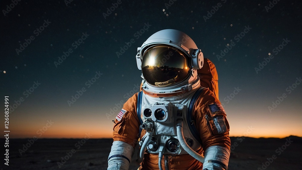 Fototapeta premium Astronaut Exploring Alien Landscape During Twilight on Another Planet Under a Star-Filled Sky