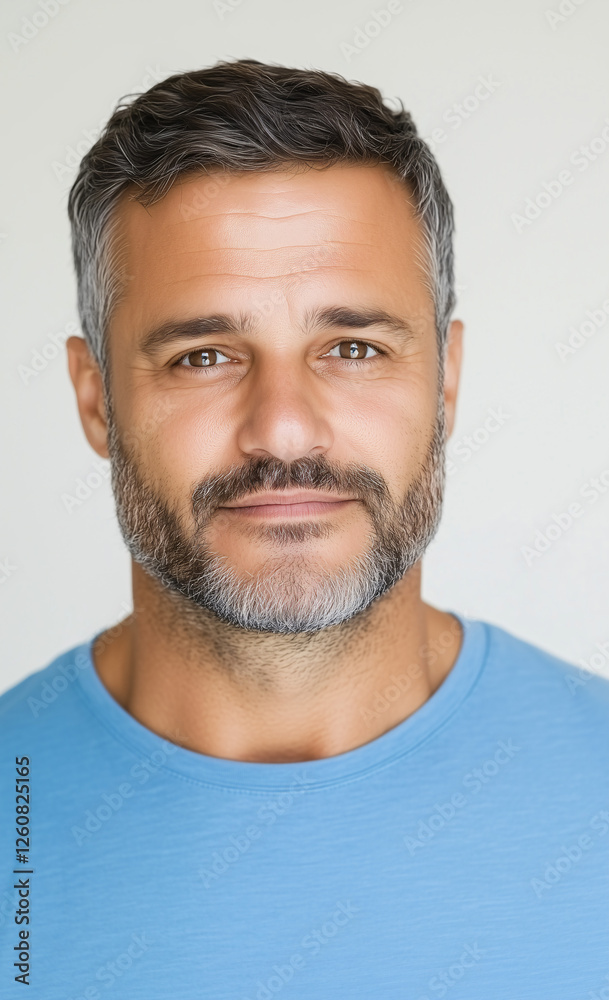 Obraz premium Mature Man Portrait: A headshot of a confident and friendly middle-aged man with salt and pepper hair and beard, wearing a light blue t-shirt. He exudes a sense of calm and approachability. 