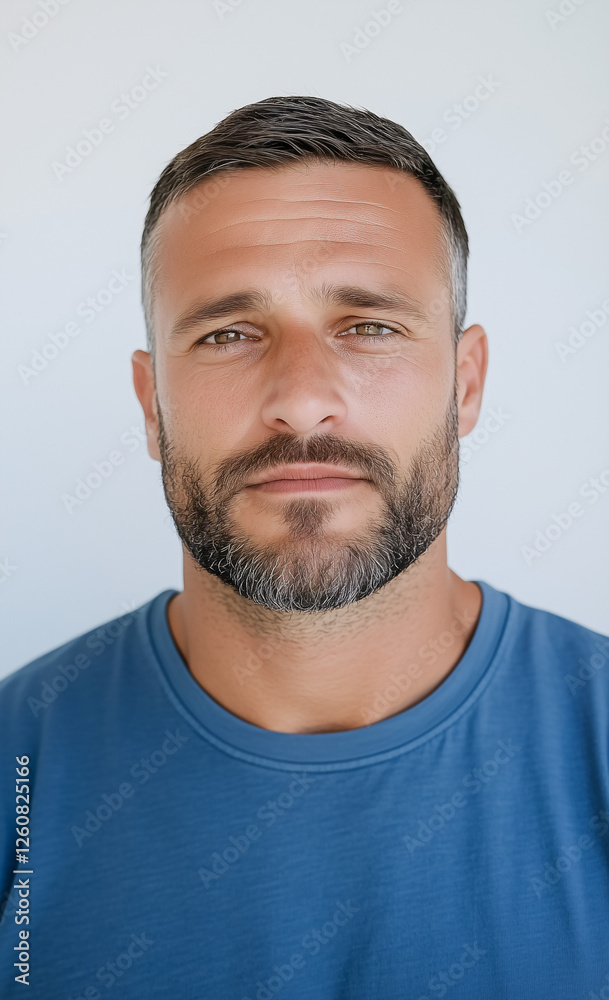 Fototapeta premium Confident Gaze: A close-up portrait of a man with a strong, determined gaze and a neatly trimmed beard, exuding confidence and a sense of purpose. His blue shirt complements his natural complexion.