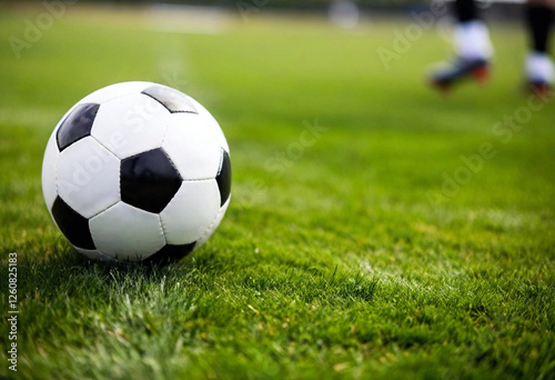 A macro shot of a soccer ball rolling over the grass with a single player's cleats just behind it, taken from a low angle. photo