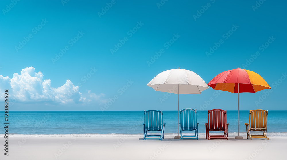Obraz premium Relaxing summer vacation scene with four beach chairs and umbrellas by the ocean. Idyllic tropical travel destination.