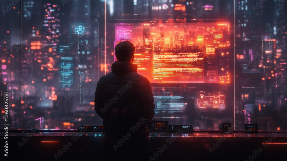Cybersecurity expert analyzing data on futuristic screens Cybersecurity expert analyzing data on futuristic screens