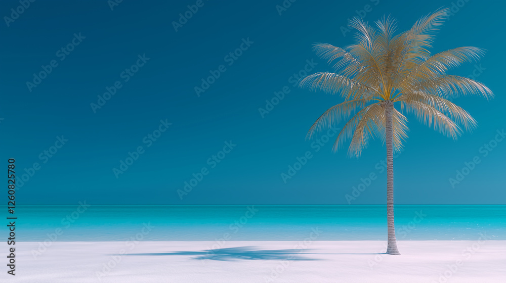 Fototapeta premium Tropical beach with palm trees, ocean, blue sky, summer vacation, travel destination, paradise, leisure, relaxation, nature, blank space for text.