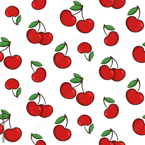 Cherry vector seamless pattern. Red berries with green leaves on white background.