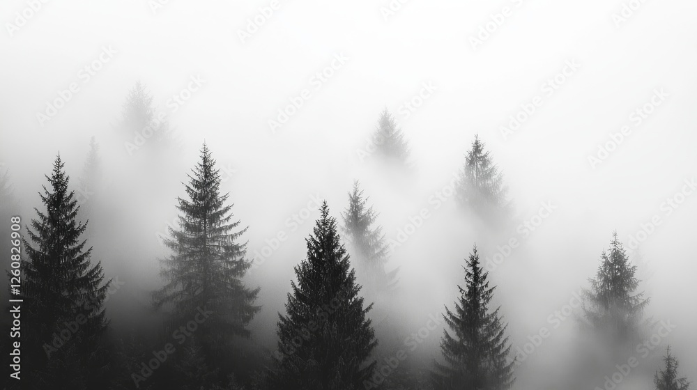 Obraz premium A serene scene of towering pine trees shrouded in soft fog invites an appreciation of nature's beauty within its untouched wilderness
