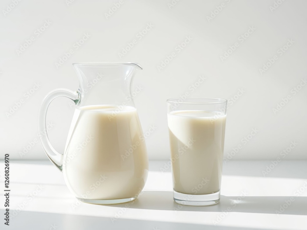 Glass Pitcher and Glass of Milk on White Table Glass Pitcher and Glass of Milk on White Table