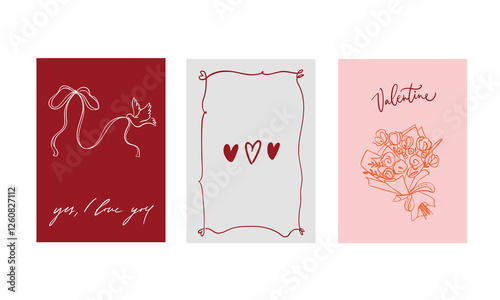 Set of three vector posters for Valentine's Day. With cute, flirty illustrations in doodle style and calligraphic inscriptions and phrases. Lettering. Pink, gray, red