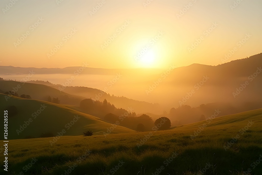 Obraz premium Sunrise shining over the mountains and hills