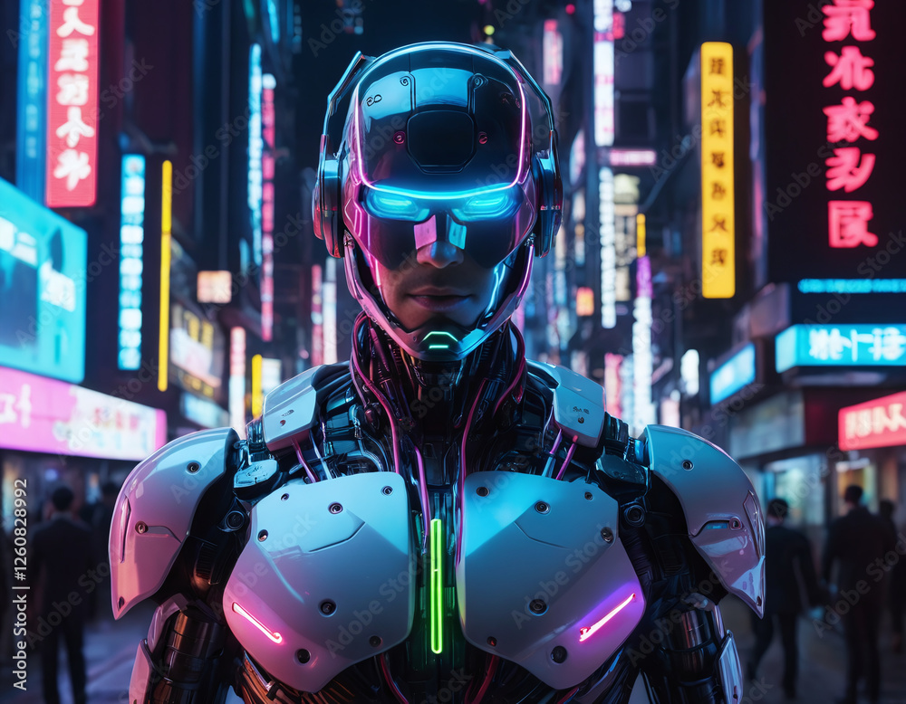 cyborg soldier robot agent, humanoid with glowing neon accents in a vibrant cyberpunk city at night cyborg soldier robot agent, humanoid with glowing neon accents in a vibrant cyberpunk city at night