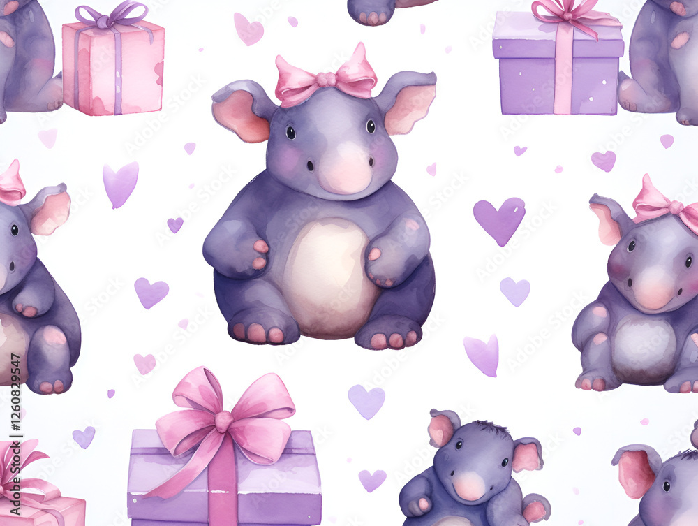 Obraz premium Cute Hippo with Hearts and Gift Boxes Seamless Pattern