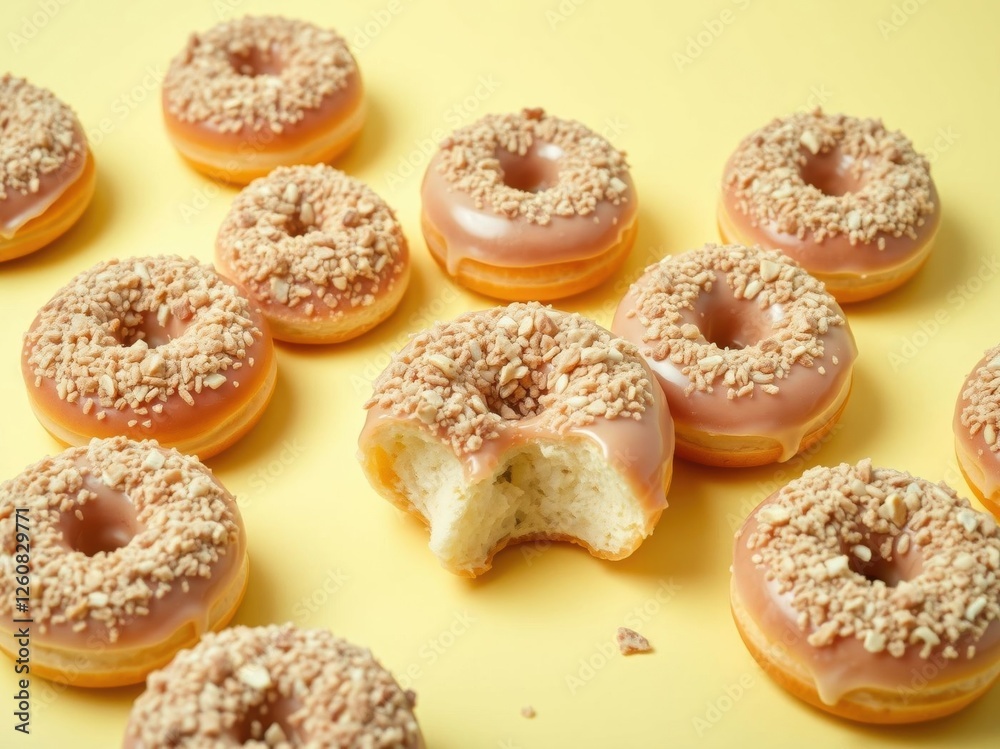 Multiple Donuts with Caramel Glaze and Nut Topping on Yellow Background