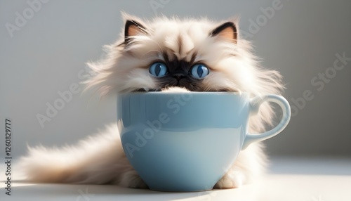 Fluffy kitten in a blue cup
